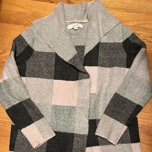 LOFT Long Women's Checkered Cardigan - Gray and Pink